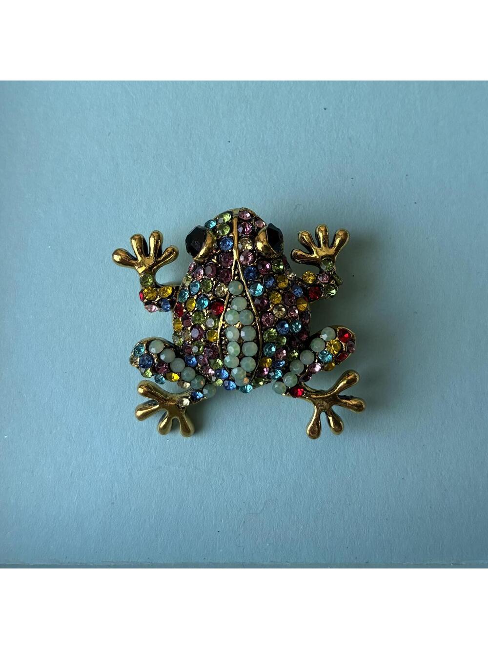 Colorful Rhinestone and Gold Tone Frog Brooch